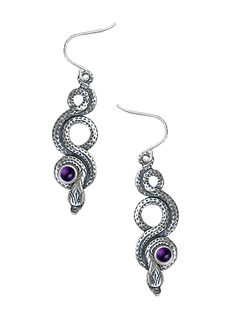 Sterling Silver Snake Drop Dangle Earrings With Amethyst